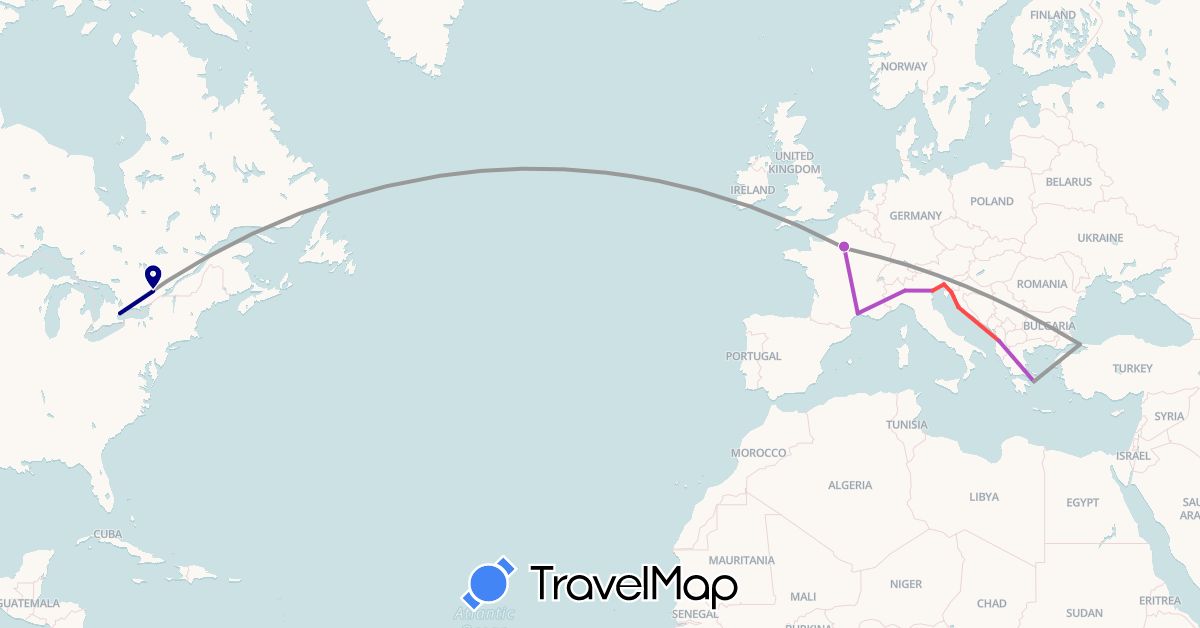 TravelMap itinerary: driving, plane, train, hiking in Canada, France, Italy, Turkey (Asia, Europe, North America)